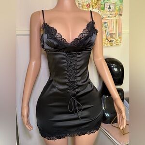 Black Satin Lace-Trim Corset Slip Dress